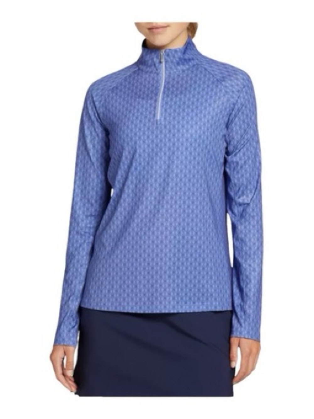 Lady Hagen Perforated UV Light Blue Quarter-Zip Argyle Geo Long Sleeve Top - Picture 1 of 2